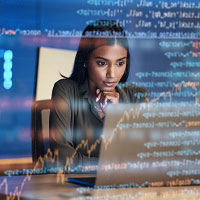 Woman looking at a laptop screen with computer code overlayed in the background.